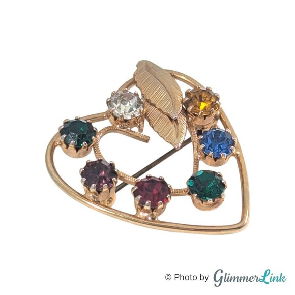Vintage Multicolor Rainbow Rhinestone Open Heart Leaves Gold Tone Brooch Pin - Picture 2 of 6